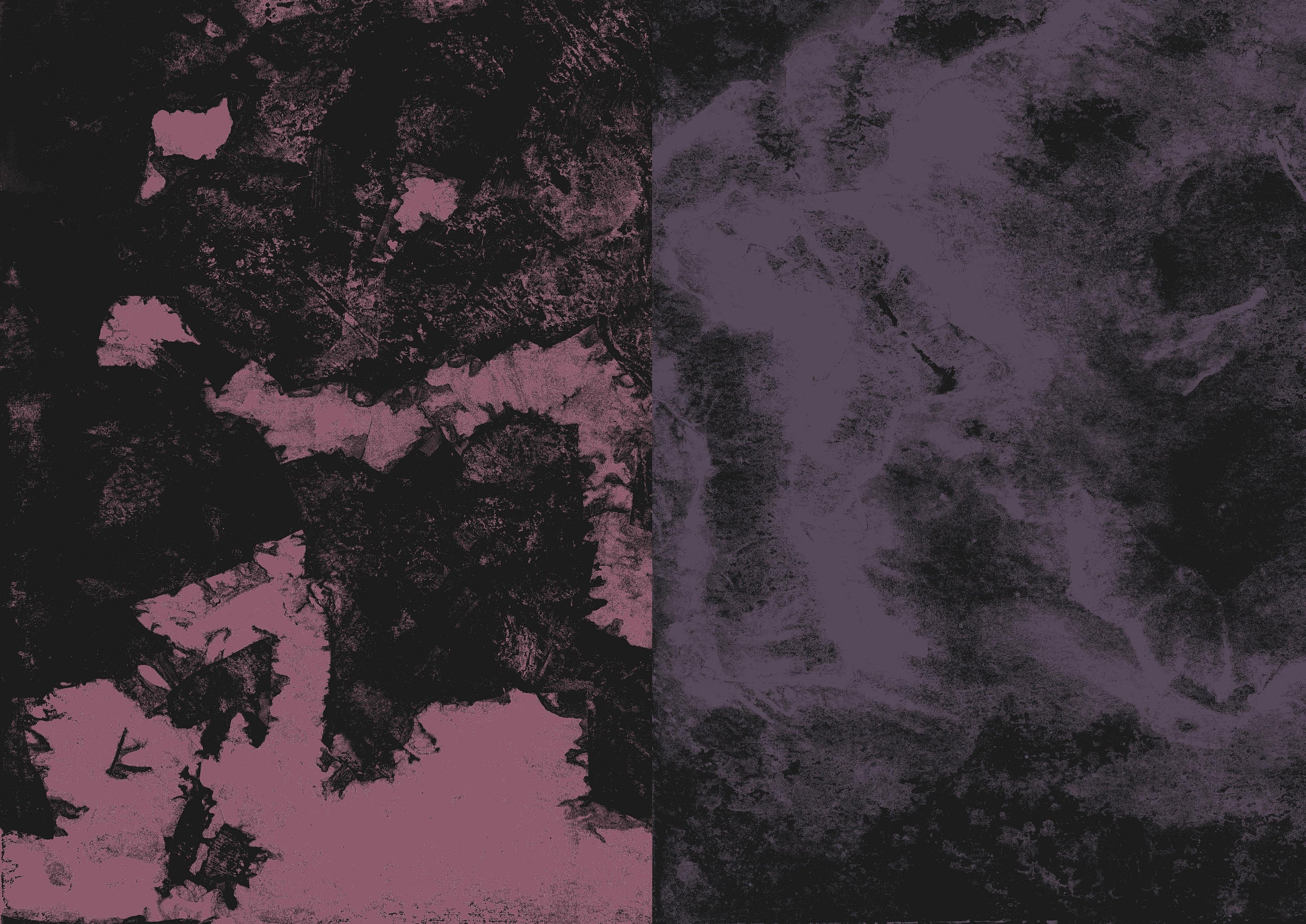 Anautomija - mauve crystalline shapes on the left and plum dust on black ground on the right. Digital diptych.