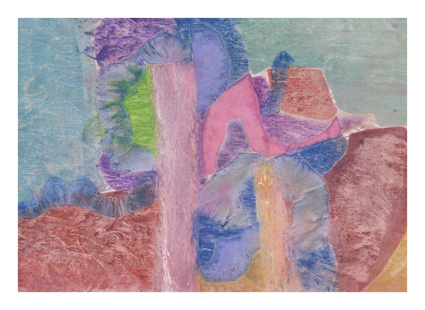 "Anautomija — No. 13110696 — multi-zone fragments in pink, lavender, blue-grey, terracotta and green, liquid medium on paper (Cyme), 21 × 29.7 cm"