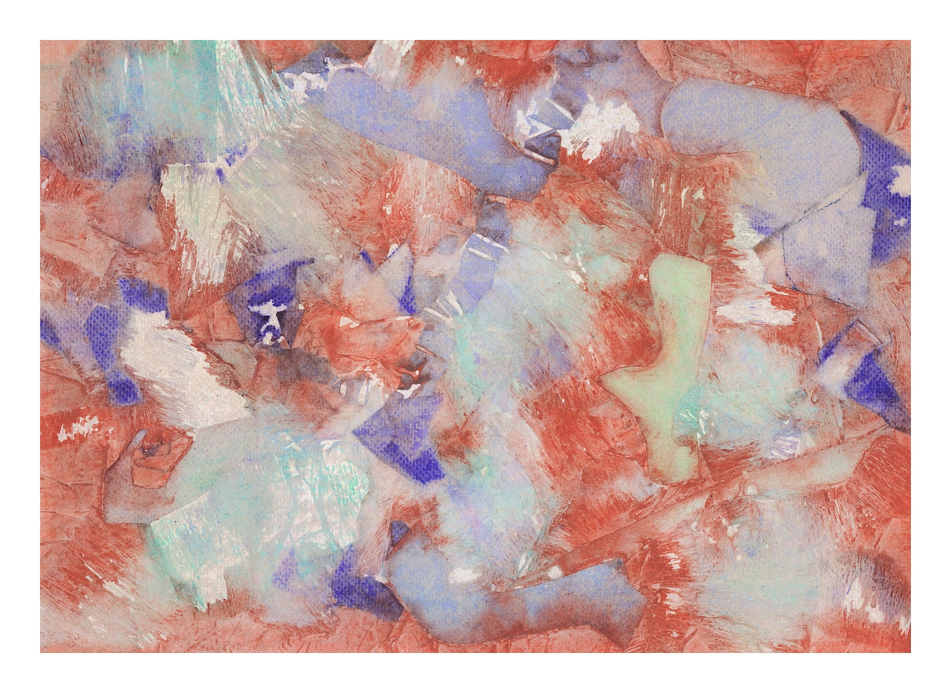 "Anautomija — No. 13183468 — coral, blue and white fragments on paper ground, liquid medium on paper (Cyme), 21 × 29.7 cm"