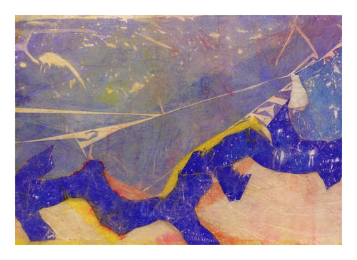 Anautomija — No. 11274542 — periwinkle-blue ground with fractured cobalt plates and a yellow fault-line seam, liquid medium on paper (Cyme), 21 × 29.7 cm