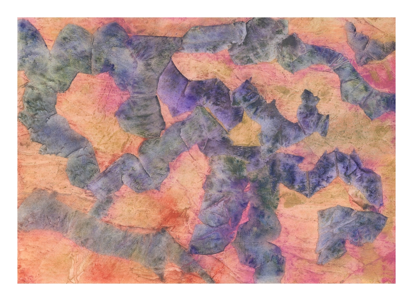 "Anautomija — No. 11302346 — warm peach and salmon ground with dense overlapping blue-violet and grey-green organic fragments, liquid medium on paper (Cyme), 21 × 29.7 cm"