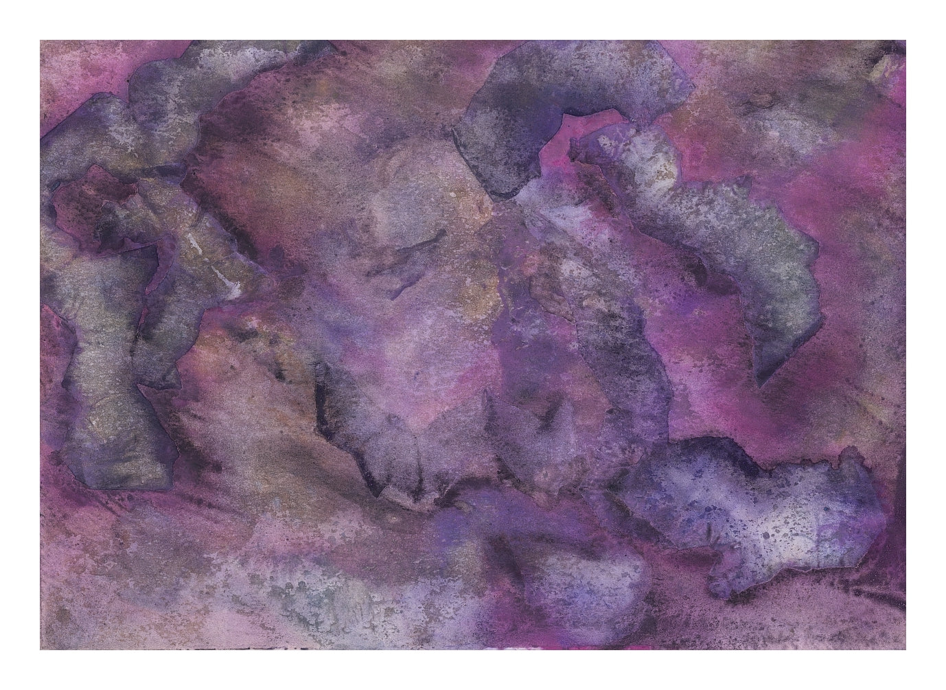 "Anautomija — No. 12053518 — deep magenta and purple ground with amorphous dark-edged zones in violet and terracotta, liquid medium on paper (Cyme), 21 × 29.7 cm"
