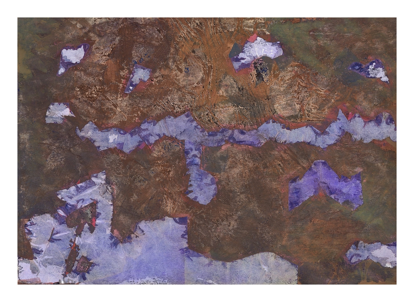 Anautomija — No. 12594875 — warm brown ground, with scattered lavender fragments, rich texture, liquid medium on paper (Cyme), 21 × 29.7 cm"