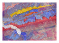 "Anautomija — No. 14234978 — pink-red ground with organic blue-violet fragments, yellow band and orange-red stripe, liquid medium on paper (Cyme), 21 × 29.7 cm"