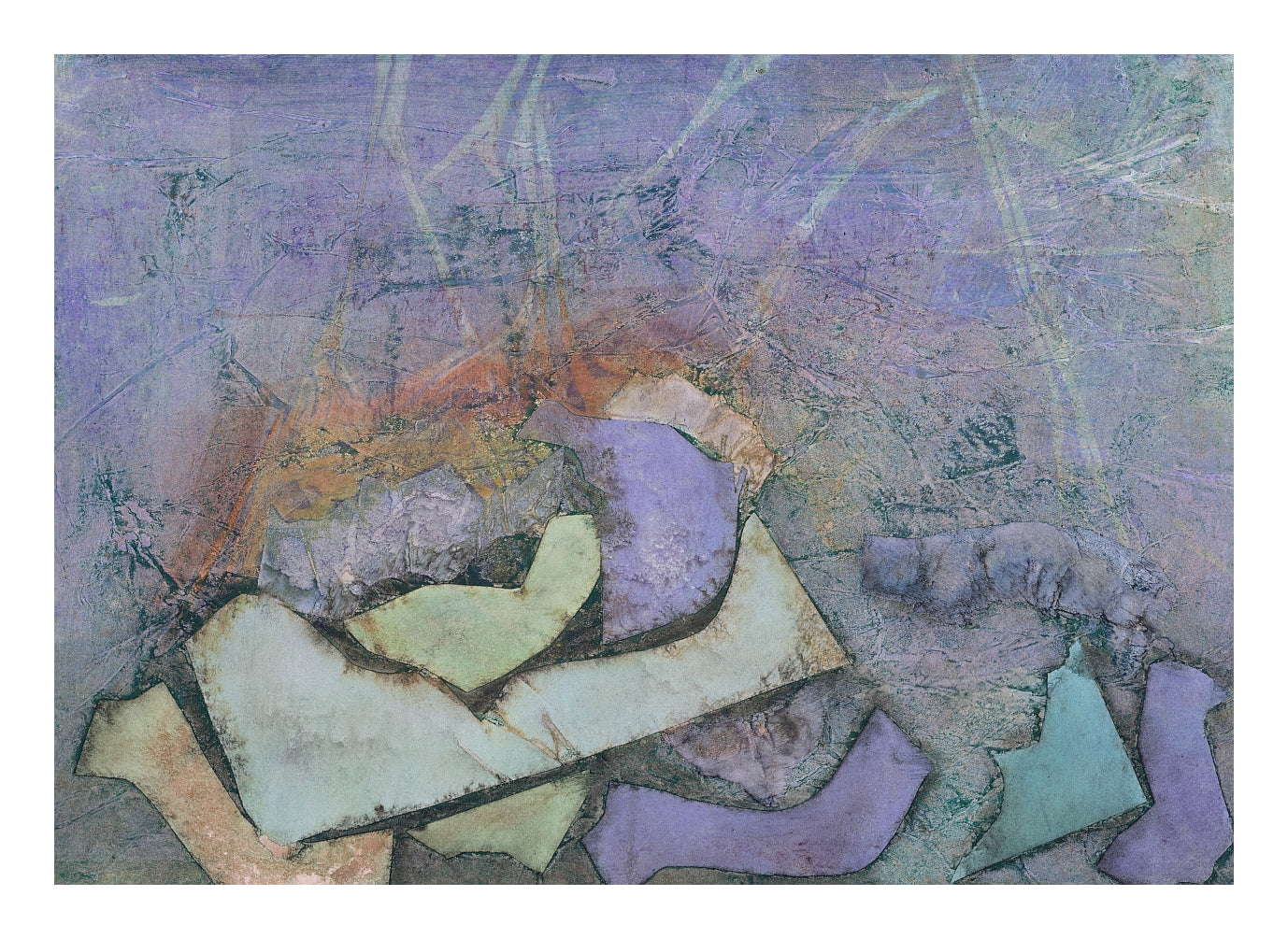 "Anautomija — No. 12562716 — blue-grey and lavender ground with geometric fragments in celadon, violet and terracotta, liquid medium on paper (Cyme), 21 × 29.7 cm"