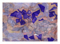 "Anautomija — No. 11424350 — terracotta and lavender-grey ground with scattered ultramarine geometric fragments, liquid medium on paper (Cyme), 21 × 29.7 cm"