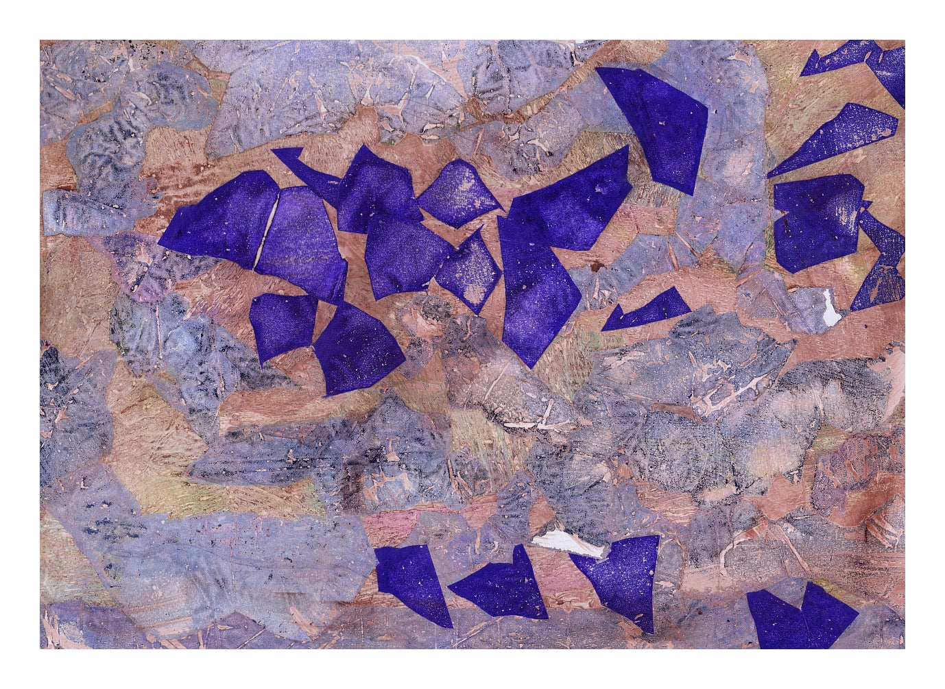 "Anautomija — No. 11424350 — terracotta and lavender-grey ground with scattered ultramarine geometric fragments, liquid medium on paper (Cyme), 21 × 29.7 cm"