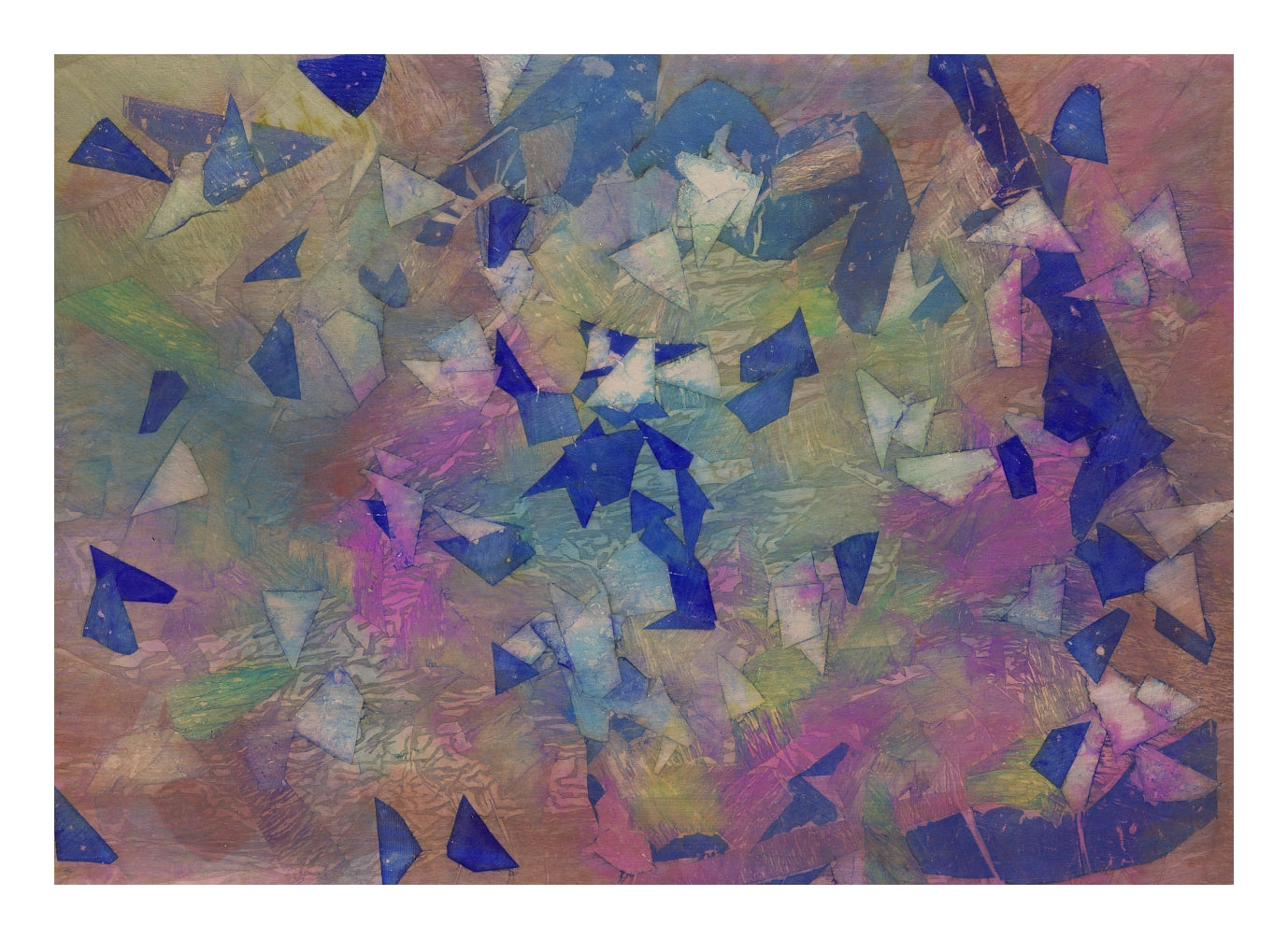 "Anautomija — No. 13470380 — mauve and muted ochre ground with dense scattered triangular fragments in cobalt blue and white, liquid medium on paper (Cyme), 21 × 29.7 cm"