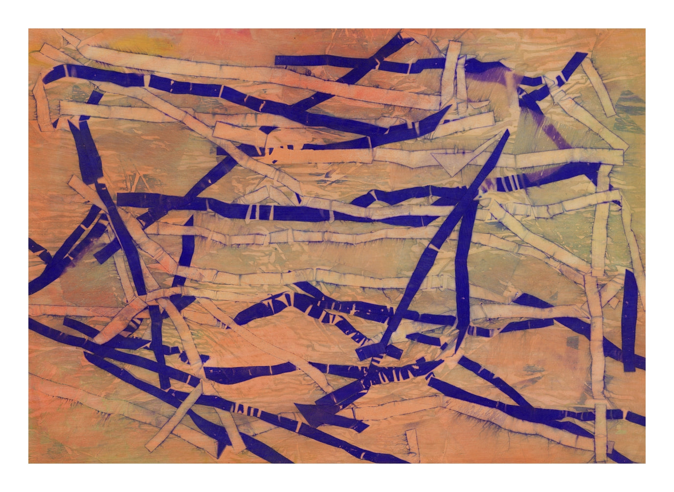 "Anautomija — No. 14155368 — ultramarine and terracotta linear marks on terracotta ground, liquid medium on paper (Cyme), 21 × 29.7 cm"